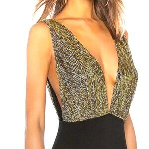 Superdown Plunge Bodysuit black and gold deep v-neck XS X-Small